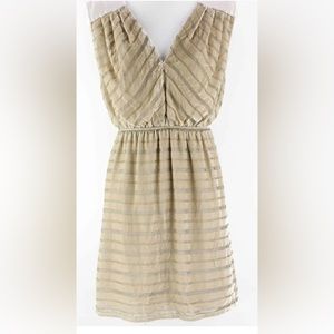 Aryn K Anthropologie Gold Taupe Velvet Stripe Silk V Neck Formal Dress Large